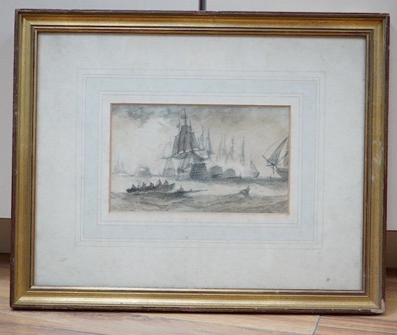 William Calcott Knell (19th C.), watercolour, Shipping at sea, signed and dated 1875, Colin Denny, London inscribed label verso, 10 x 17cm. Condition - fair